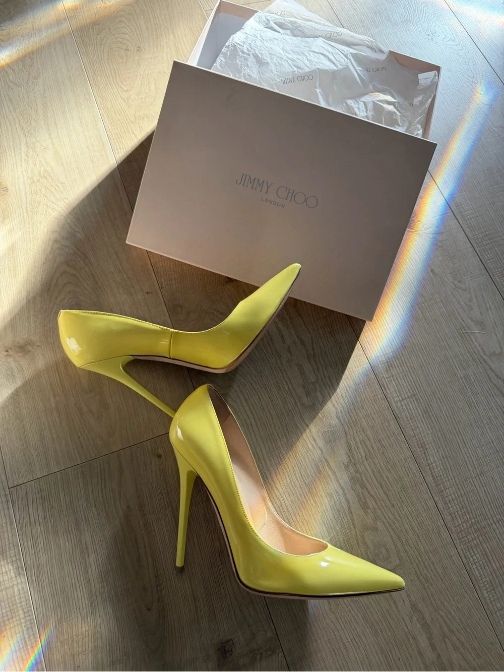 Jimmy Choo Anouk Patent Leather Lemon Pointed-Toe Stiletto Heels